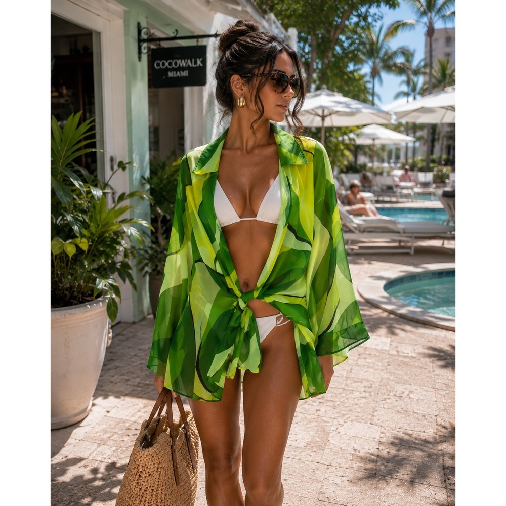Green Abstract  Print Sheer Mesh Tie Front Beach Cover Up Bell Sleeve Top L/XL